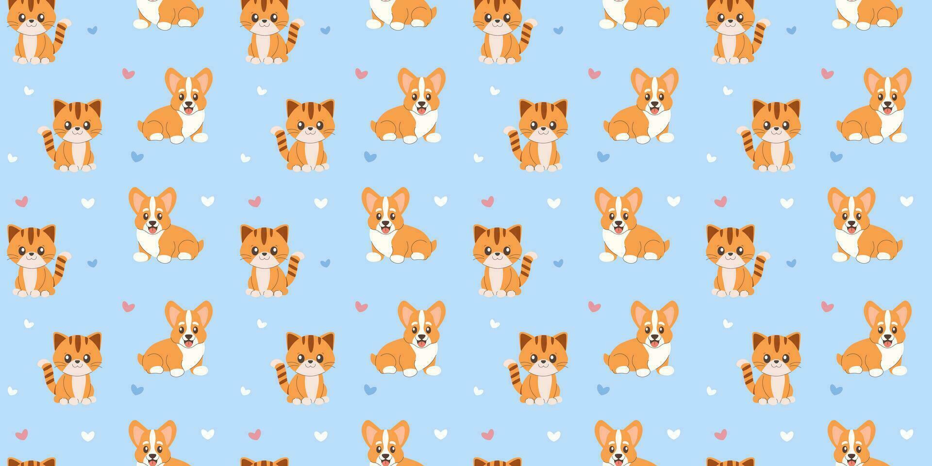 Seamless pattern cute corgi puppy and kitten on light blue background vector