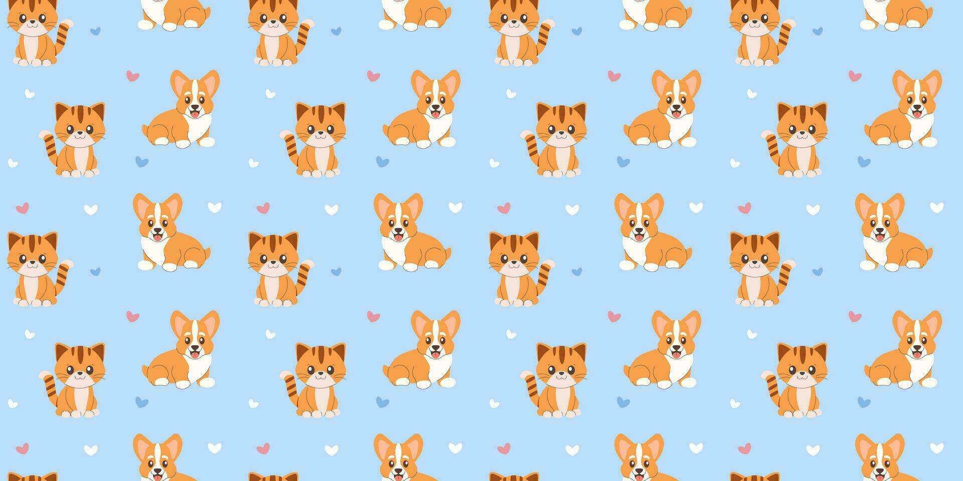 sin costura modelo linda corgi perrito y gatito en ligero azul antecedentes vector