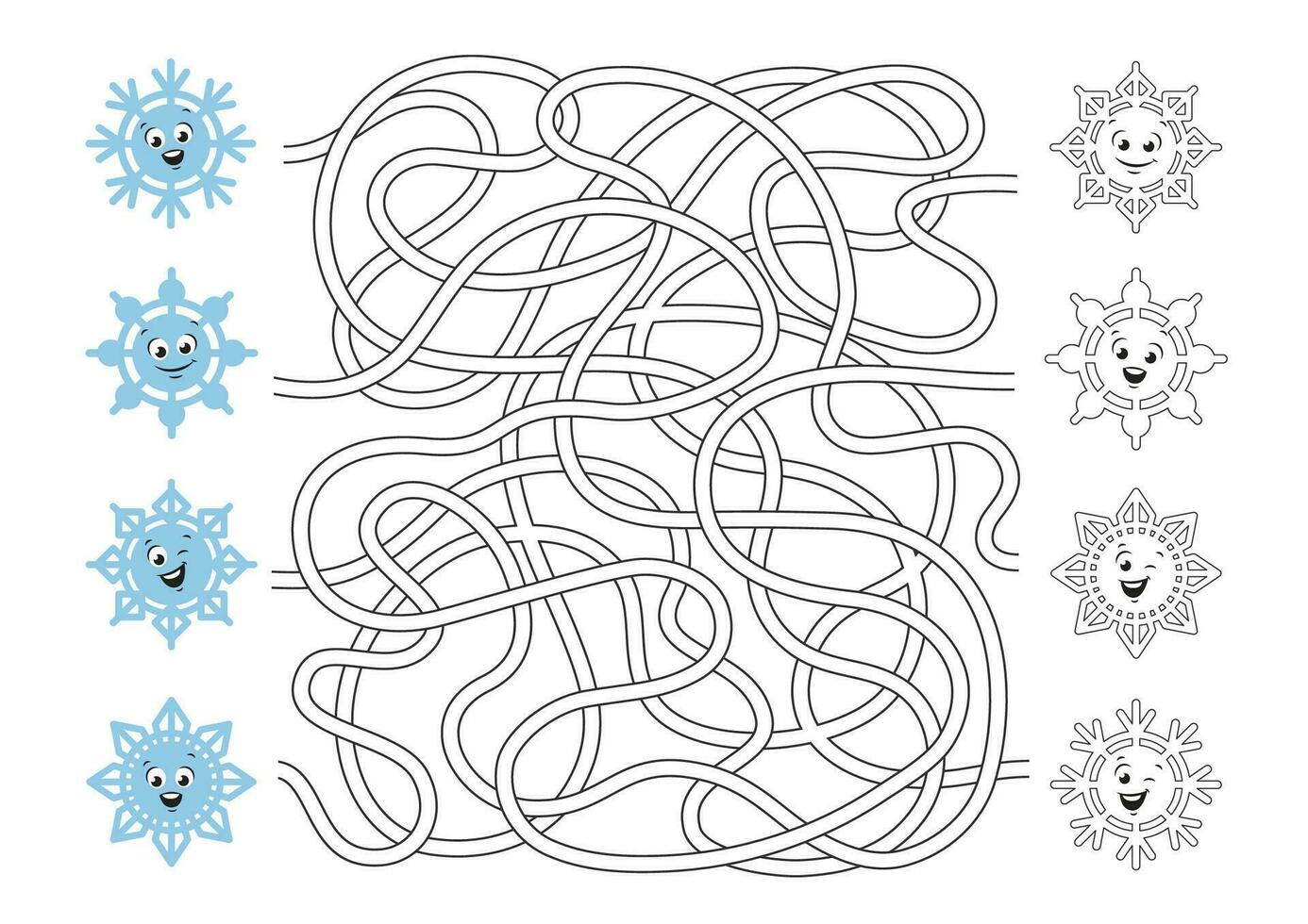 laberinto y colorante página para niños. linda y gracioso de copos de nieve. invierno fiesta juegos. vector ilustración