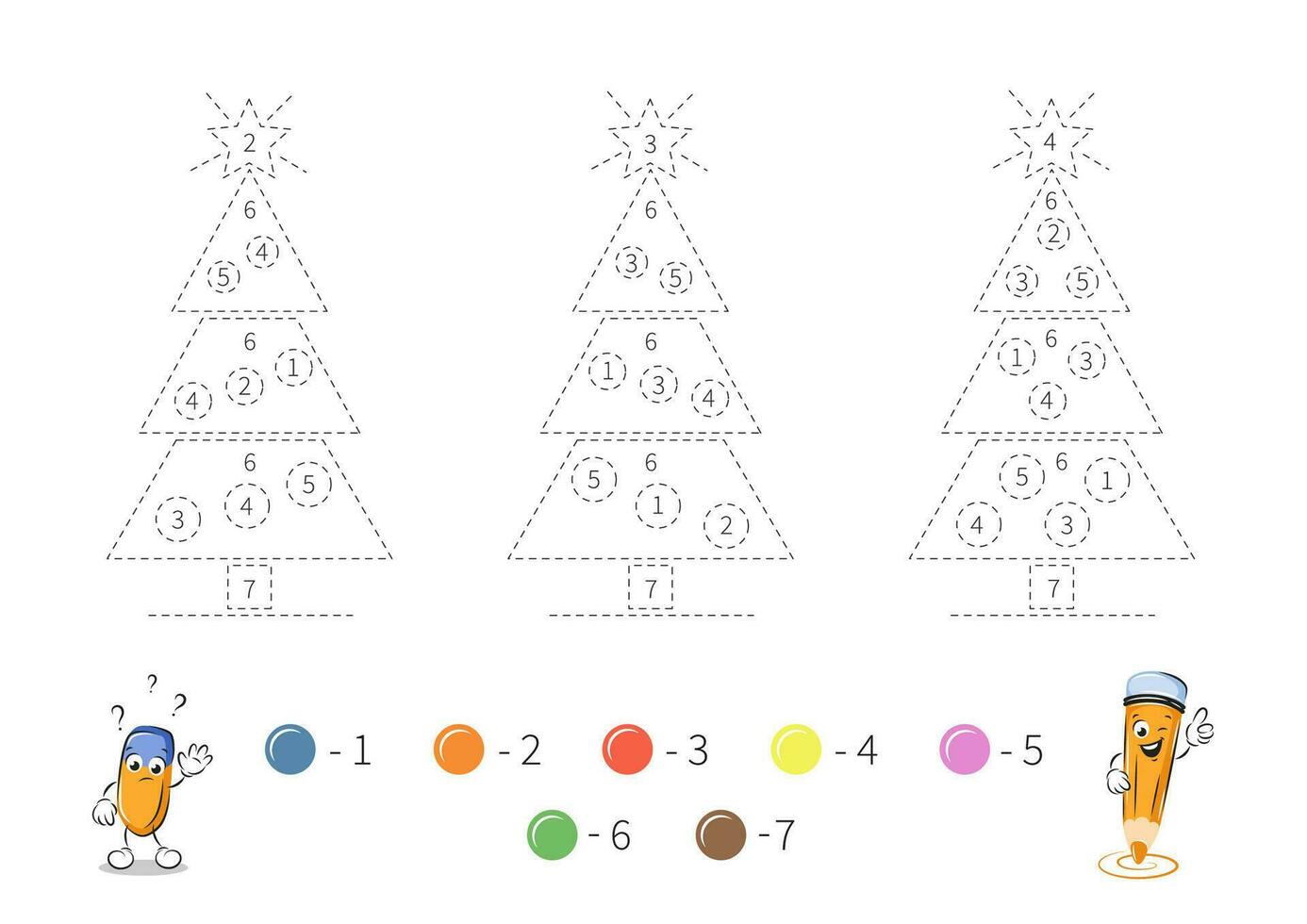 Coloring page with cute Christmas tree for kids. Tracing contours, color by number, handwriting practice. Dashed lines. Vector illustration