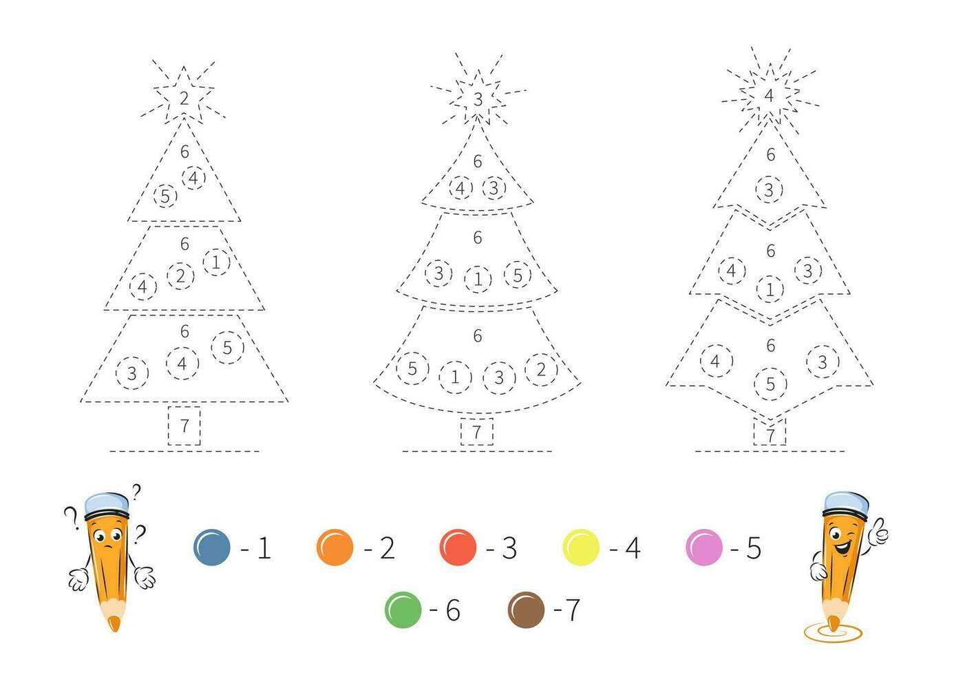 Coloring page with cute Christmas tree for kids. Tracing contours, color by number, handwriting practice. Dashed lines. Vector illustration