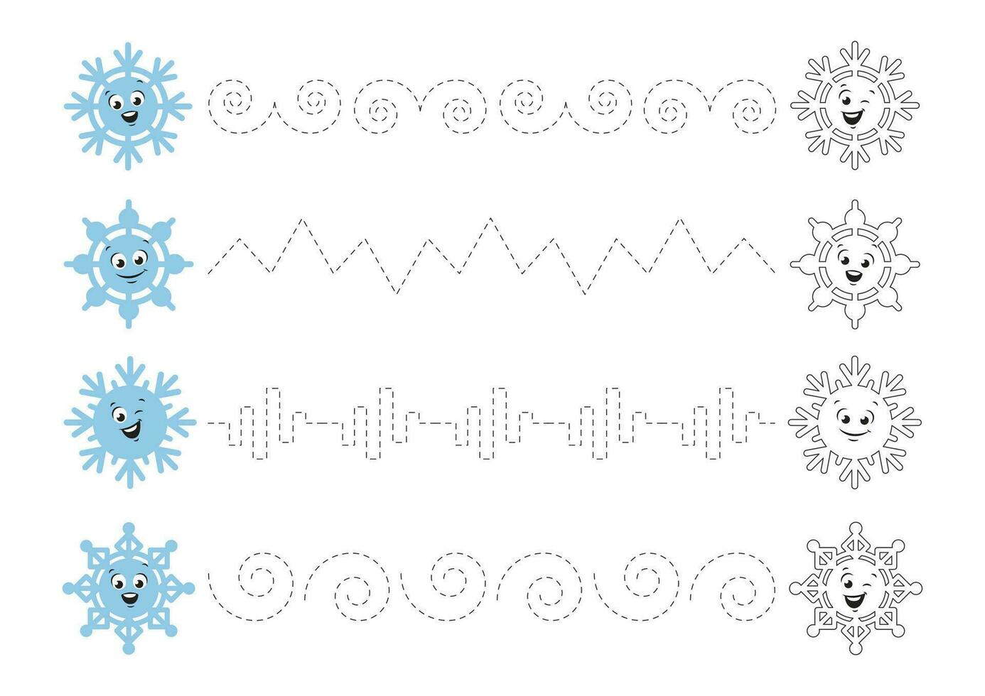 rastreo líneas para niños. escritura práctica para niños. colorante página con linda dibujos animados copos de nieve. vector ilustración