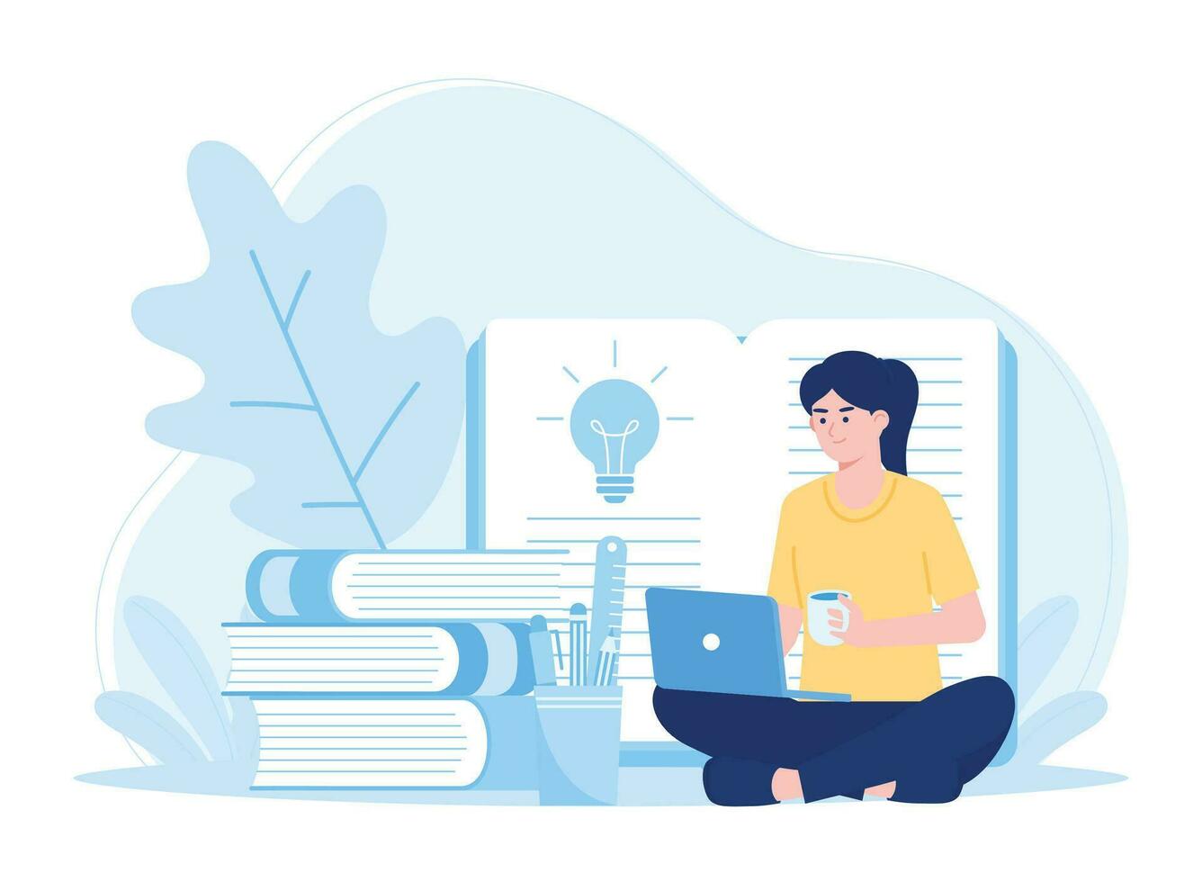 woman sitting with laptop while drinking .online education concept  distance learning concept concept flat illustratiuon vector