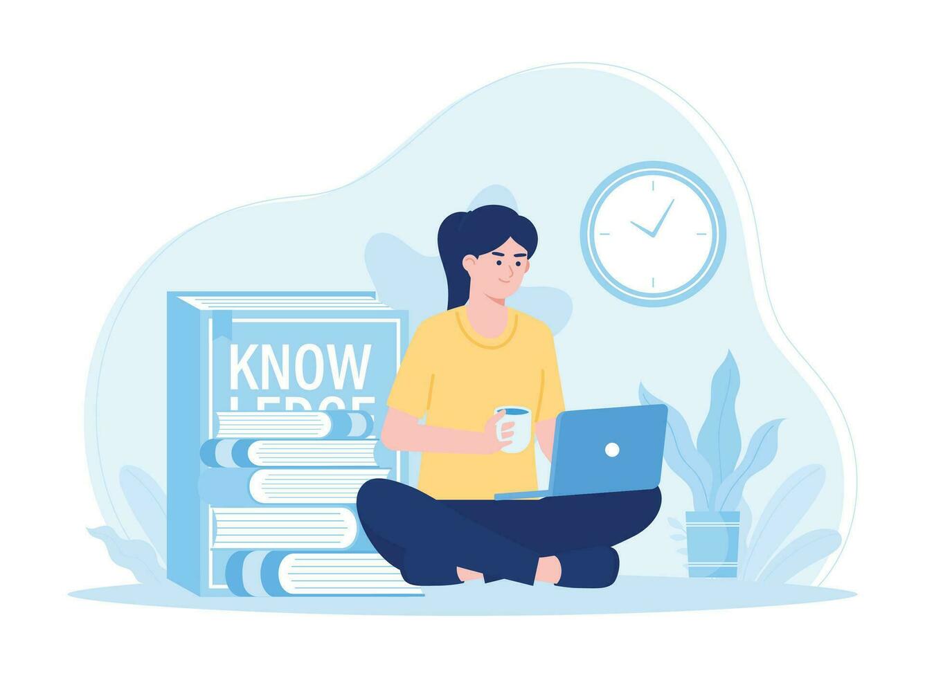 woman sitting with laptop while drinking .online education concept  distance learning concept flat illustratiuon vector