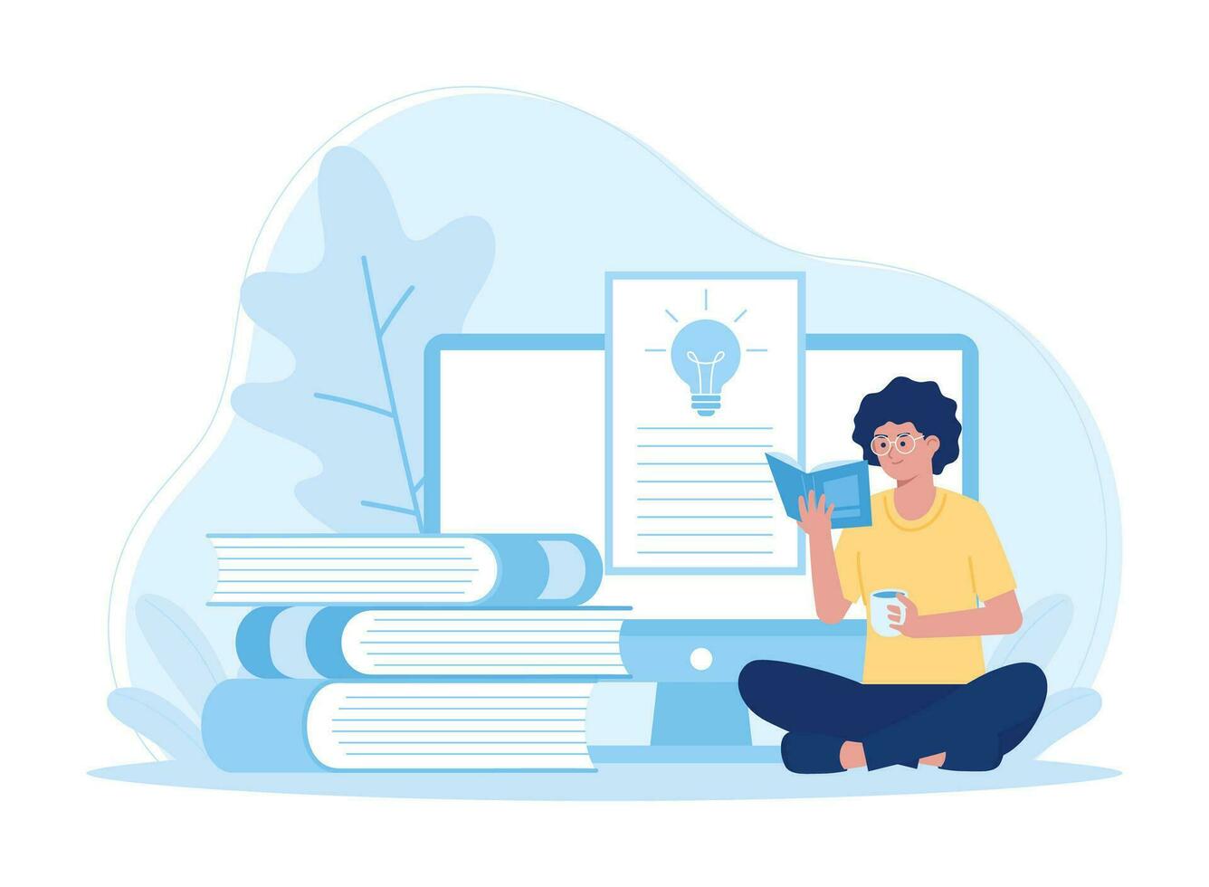 a woman reading a book and carrying a cup concept flat illustration vector