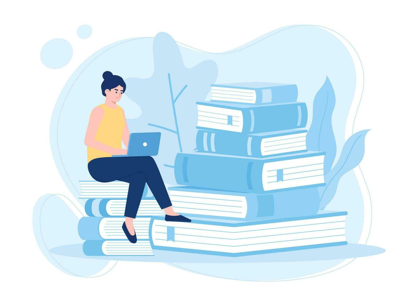 un mujer leyendo un libro, sentado en un apilar de libros concepto plano ilustración vector