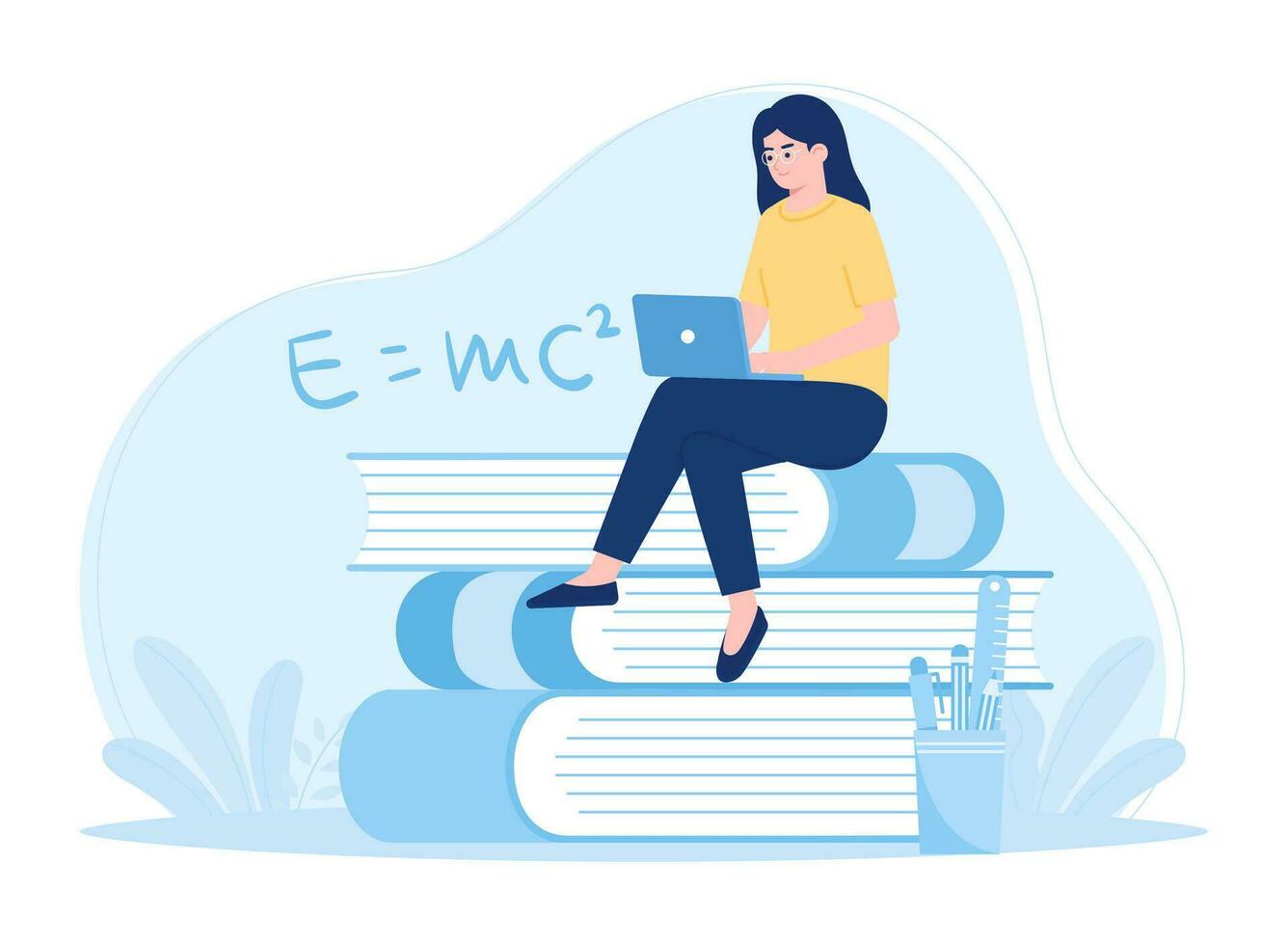 a woman working on a laptop  sitting on a stack of books concept flat illustration vector