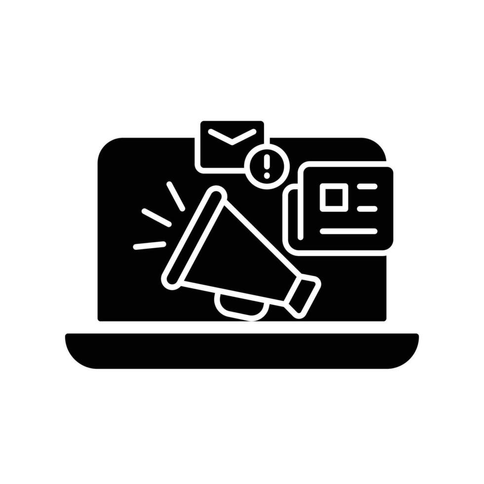 News content icon. Simple solid style. Media announce, newsletter update, digital press, coverage, laptop with megaphone concept. Black silhouette, glyph symbol. Vector illustration isolated.