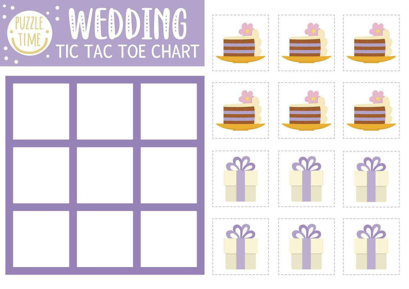 Vector wedding tic tac toe chart with present and cake. Marriage ceremony board game playing field with cute objects. Funny family holiday printable worksheet. Noughts and crosses grid