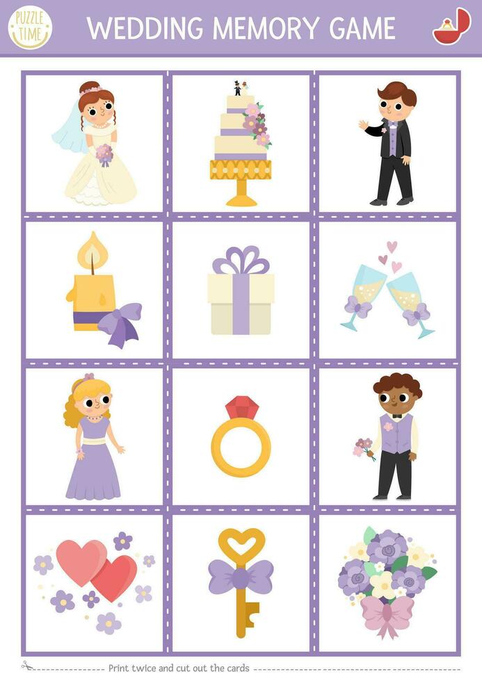 Vector wedding memory game cards with cute symbols. Marriage ceremony matching activity. Remember and find correct card. Simple printable worksheet for kids with bride, groom
