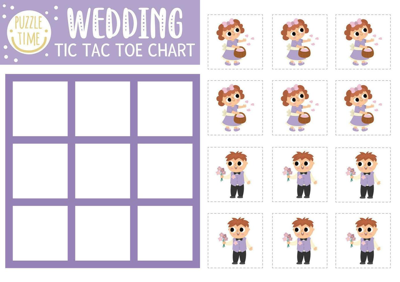 Vector wedding tic tac toe chart with boy and girl. Marriage ceremony board game playing field with cute characters. Funny family holiday printable worksheet. Noughts and crosses grid