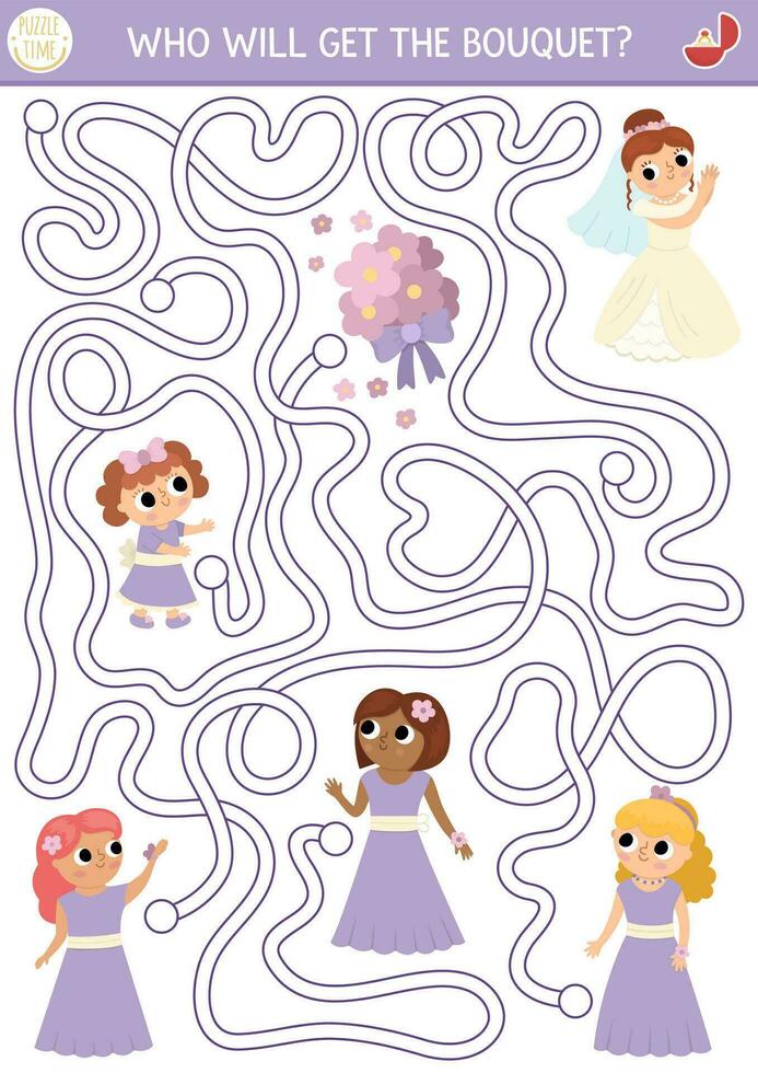 Wedding maze for kids with bride, flowers and bridesmaids. Marriage ceremony preschool printable activity. Matrimonial labyrinth game, puzzle with cute girls in gowns. Who will get the bouquet vector