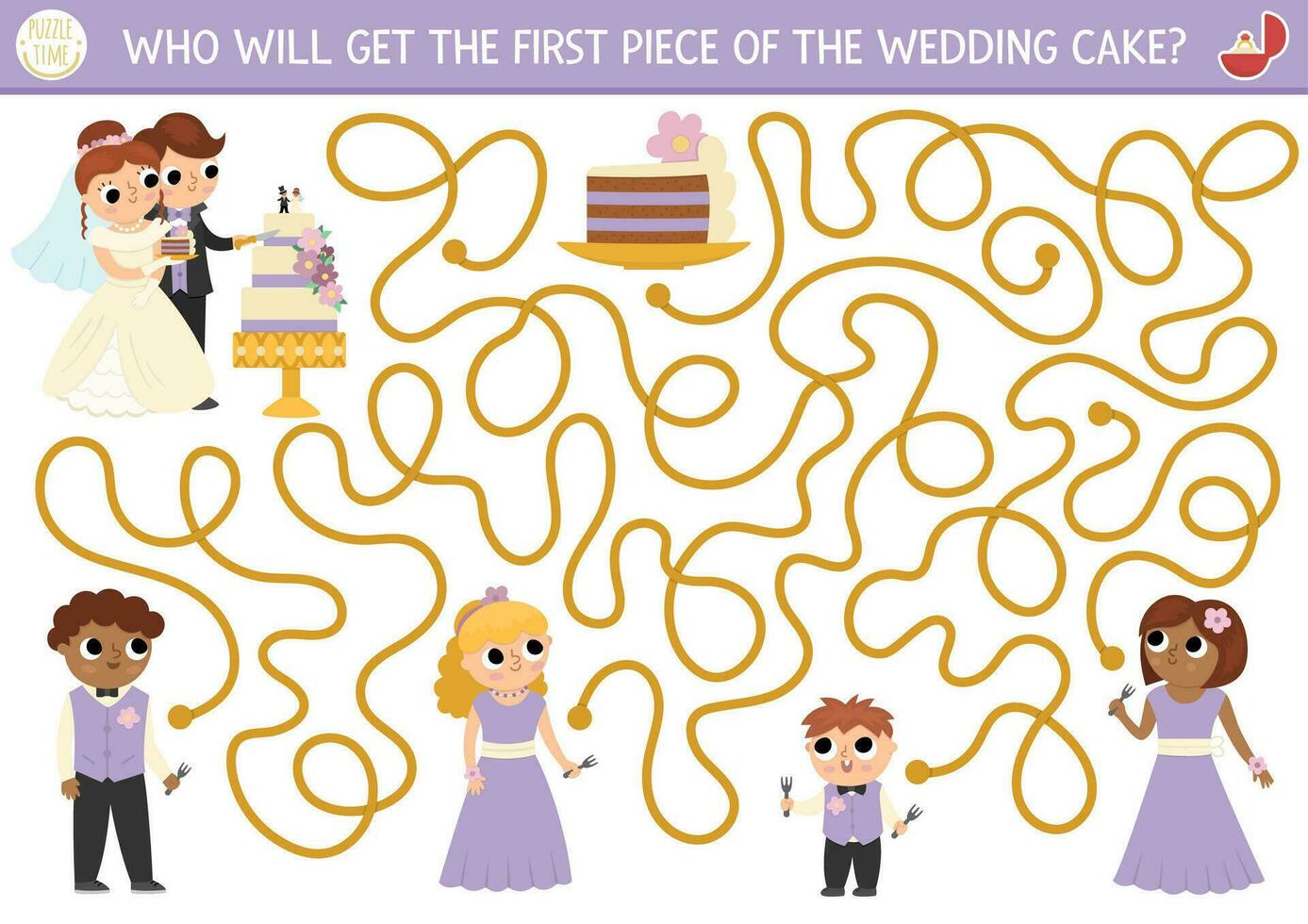 Wedding maze for kids with bride and groom cutting the cake. Marriage ceremony preschool printable activity. Matrimonial labyrinth game, puzzle with guests. Who will get the first piece of dessert vector