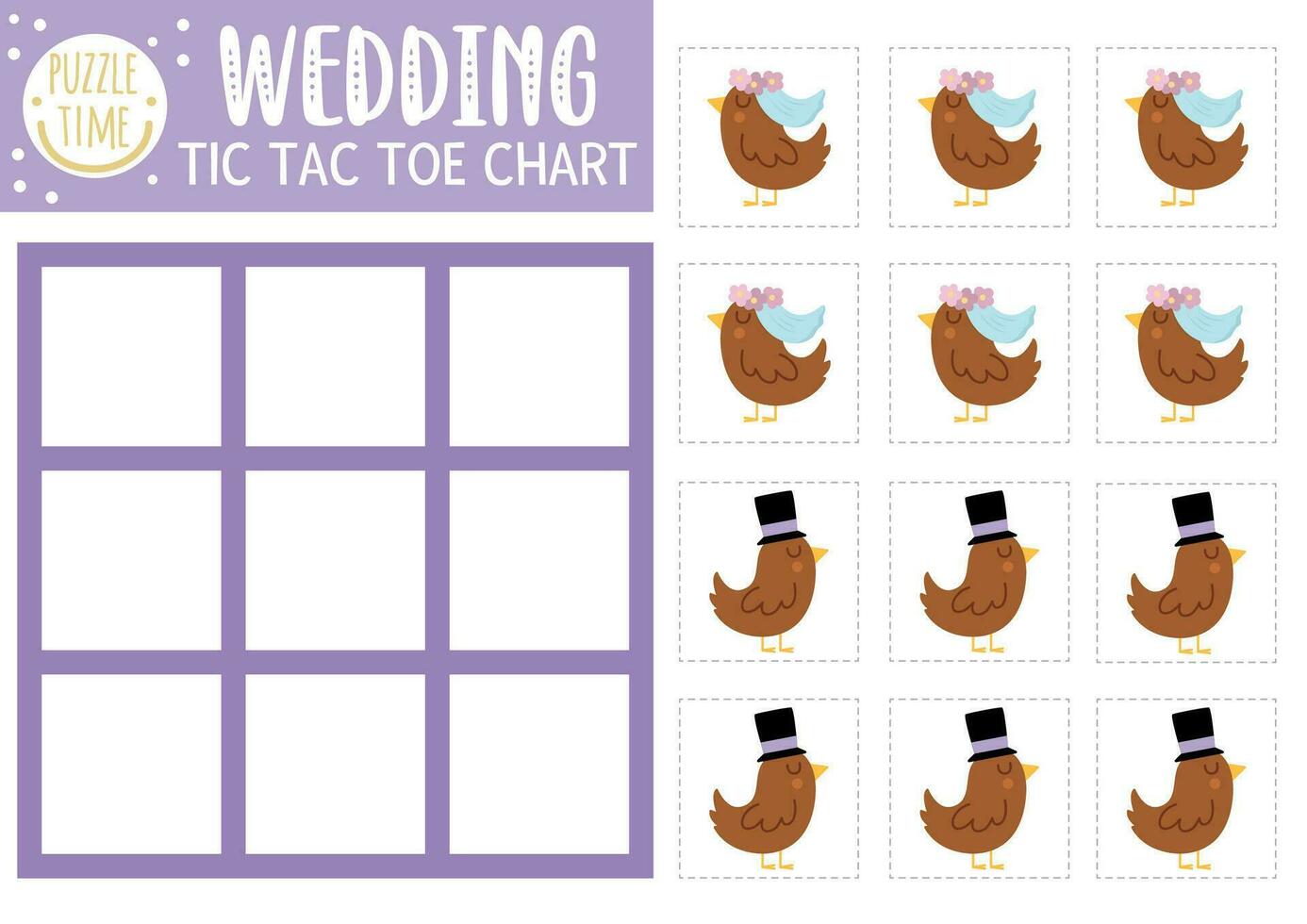 Vector wedding tic tac toe chart with bride and groom birds. Marriage ceremony board game playing field with cute characters. Funny family holiday printable worksheet. Noughts and crosses grid