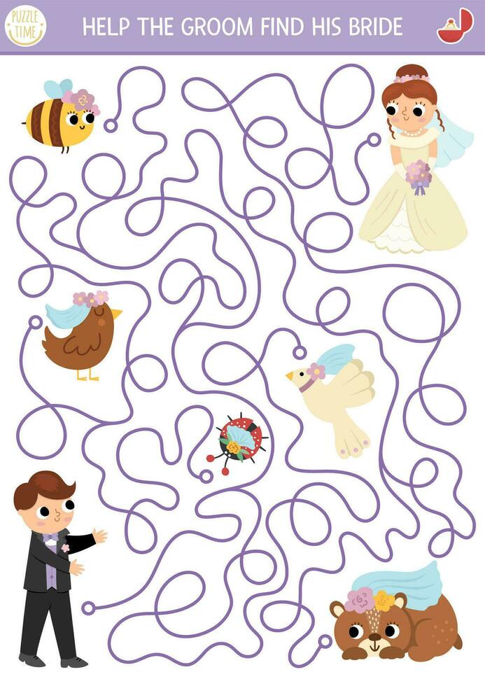 Wedding maze for kids with just married couple, animals, birds wearing veil. Marriage ceremony preschool printable activity. Matrimonial labyrinth game, puzzle. Help the groom find the bride vector