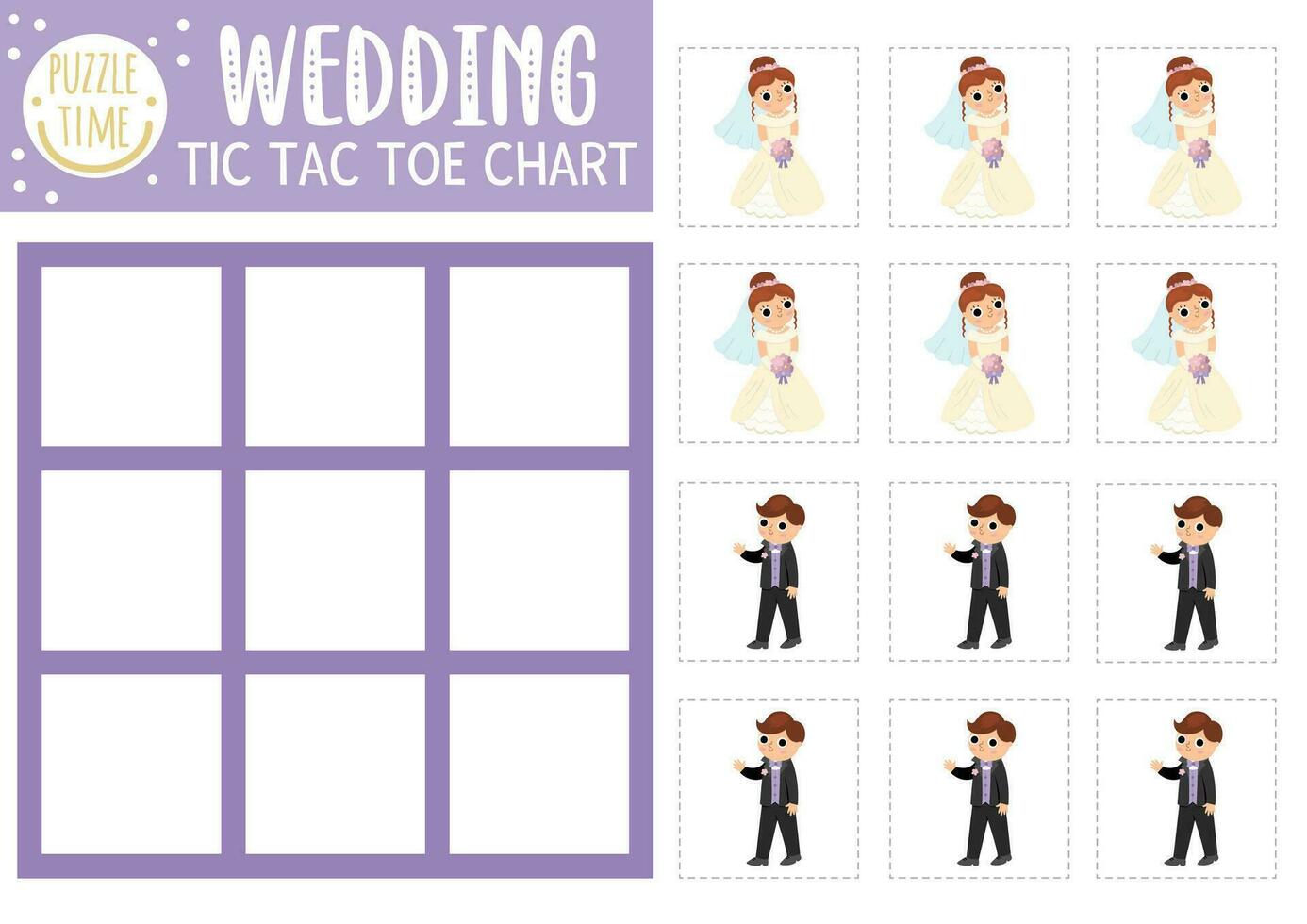 Vector wedding tic tac toe chart with bride and groom. Marriage ceremony board game playing field with cute characters. Funny family holiday printable worksheet. Noughts and crosses grid
