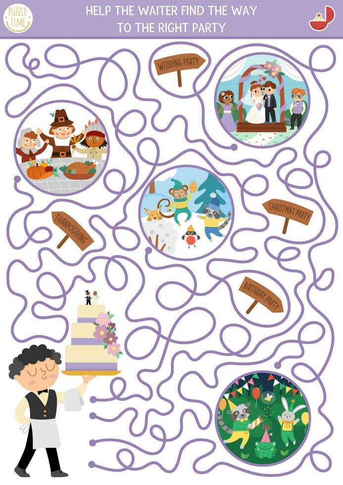 Wedding maze for kids with different parties. Marriage ceremony preschool printable activity. Matrimonial labyrinth game, puzzle. Help the waiter bring the cake to the right holiday vector