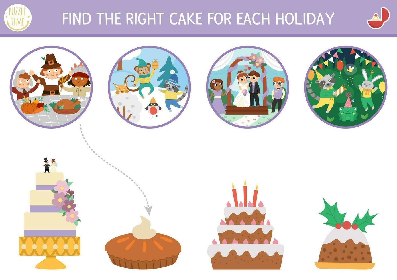 Wedding, Christmas, Thanksgiving, Birthday matching activity with cute holiday scenes and desserts. Find the right cake for each party. Match up page or printable worksheet. vector