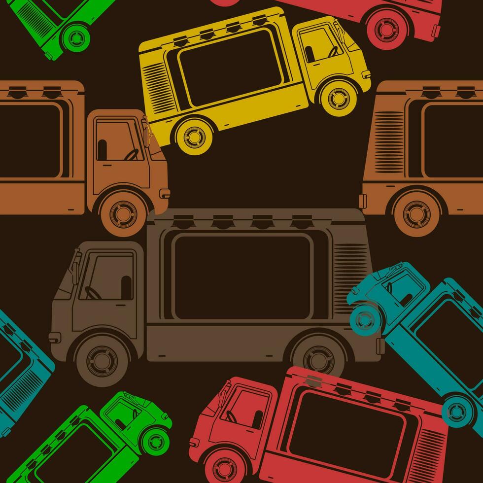 Editable Flat Monochrome Side View Mobile Food Trucks Vector Illustration in Various Colors With Dark Background for Vehicle or Food and Drink Business Related Design