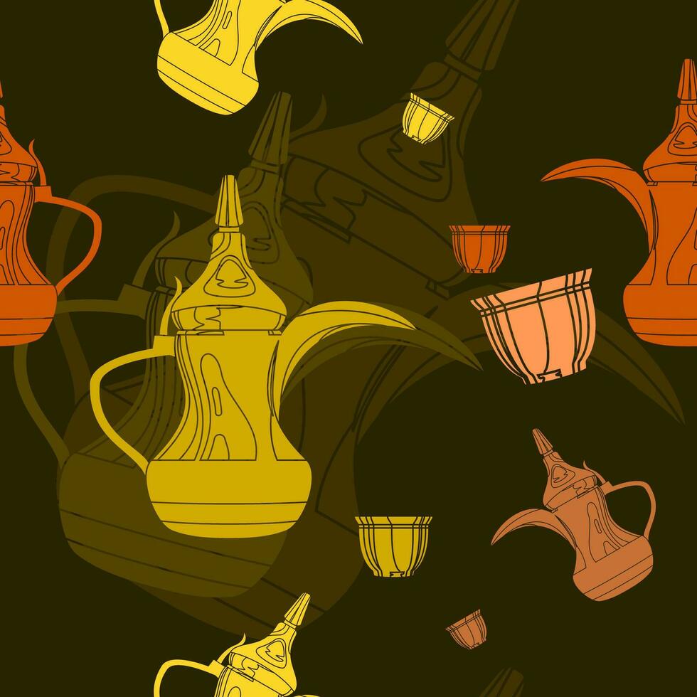 editable plano monocromo dallah café ollas y finjan tazas vector ilustración sin costura modelo con oscuro antecedentes para árabe cultura tradicion café y islámico momentos relacionado diseño