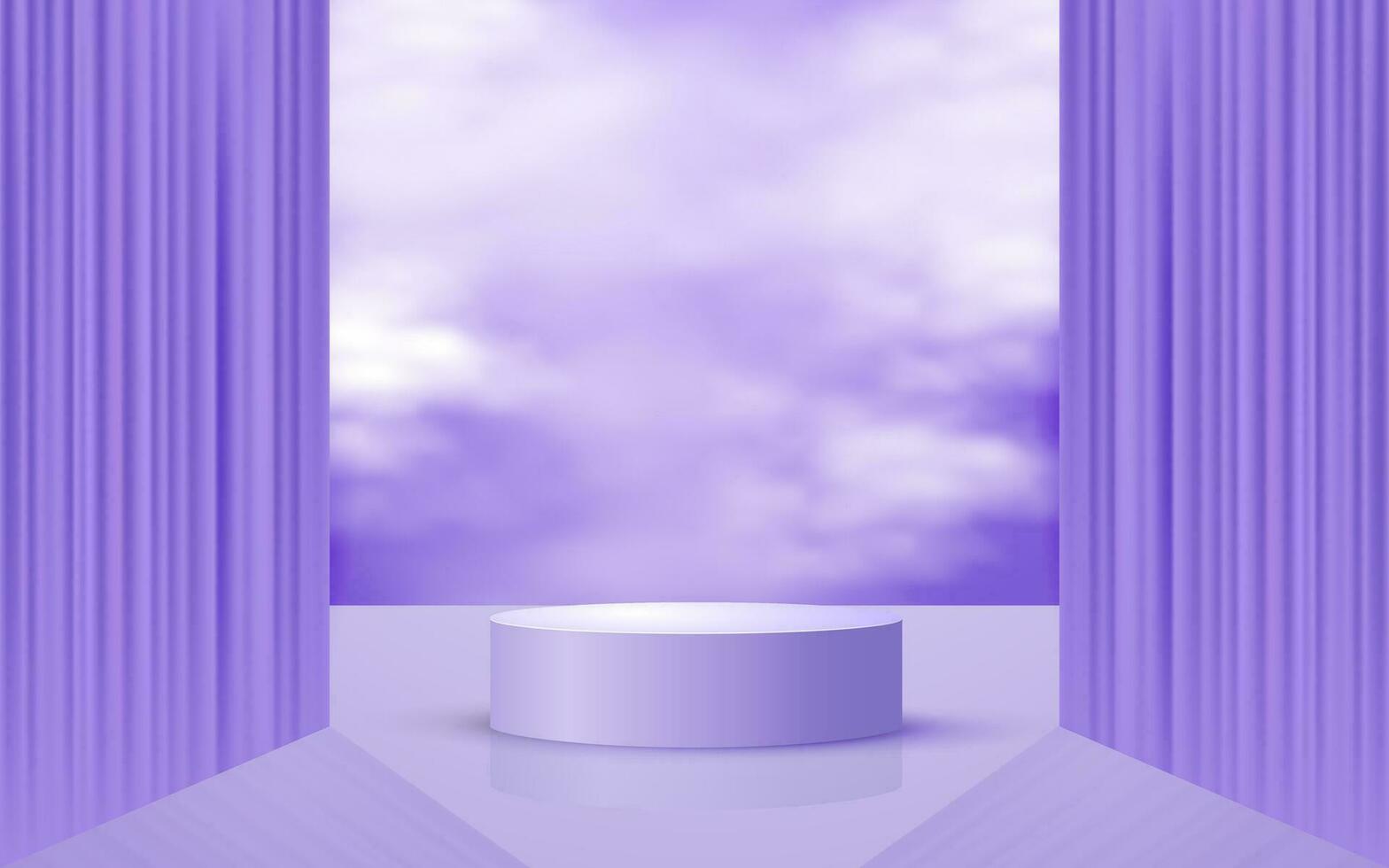Pastel purple round 3d scene podium with clouds and curtains background perfect for event promotion cosmetic product presentation mockup vector