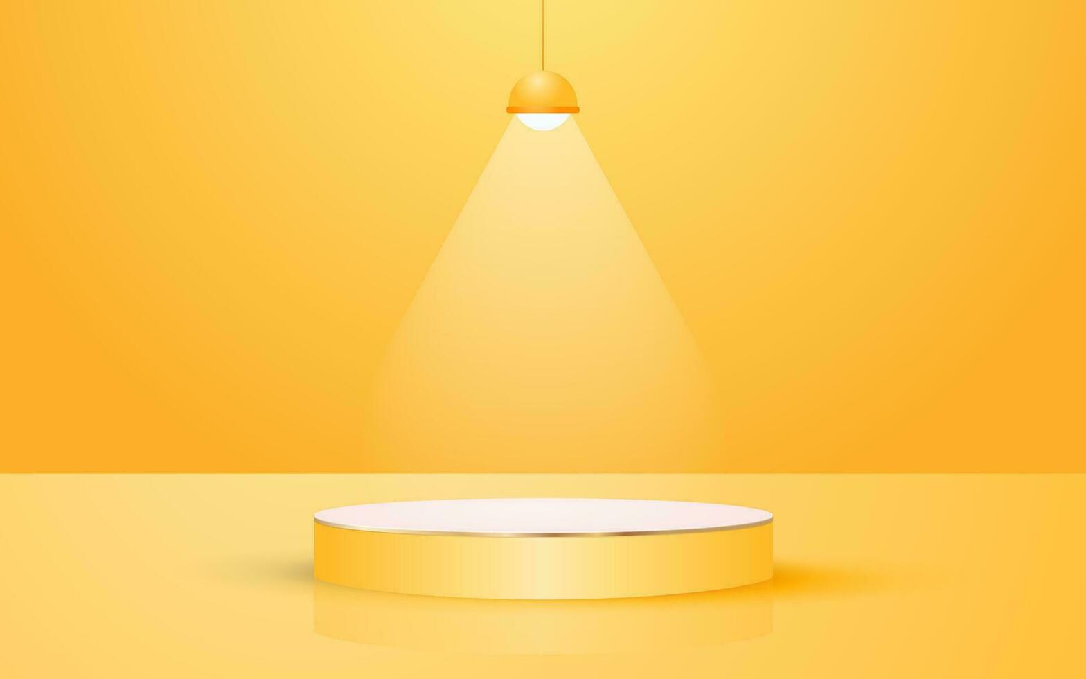 3d scene pastel yellow round podium background with hanging neon lights perfect for event promotion cosmetic product presentation mockup vector