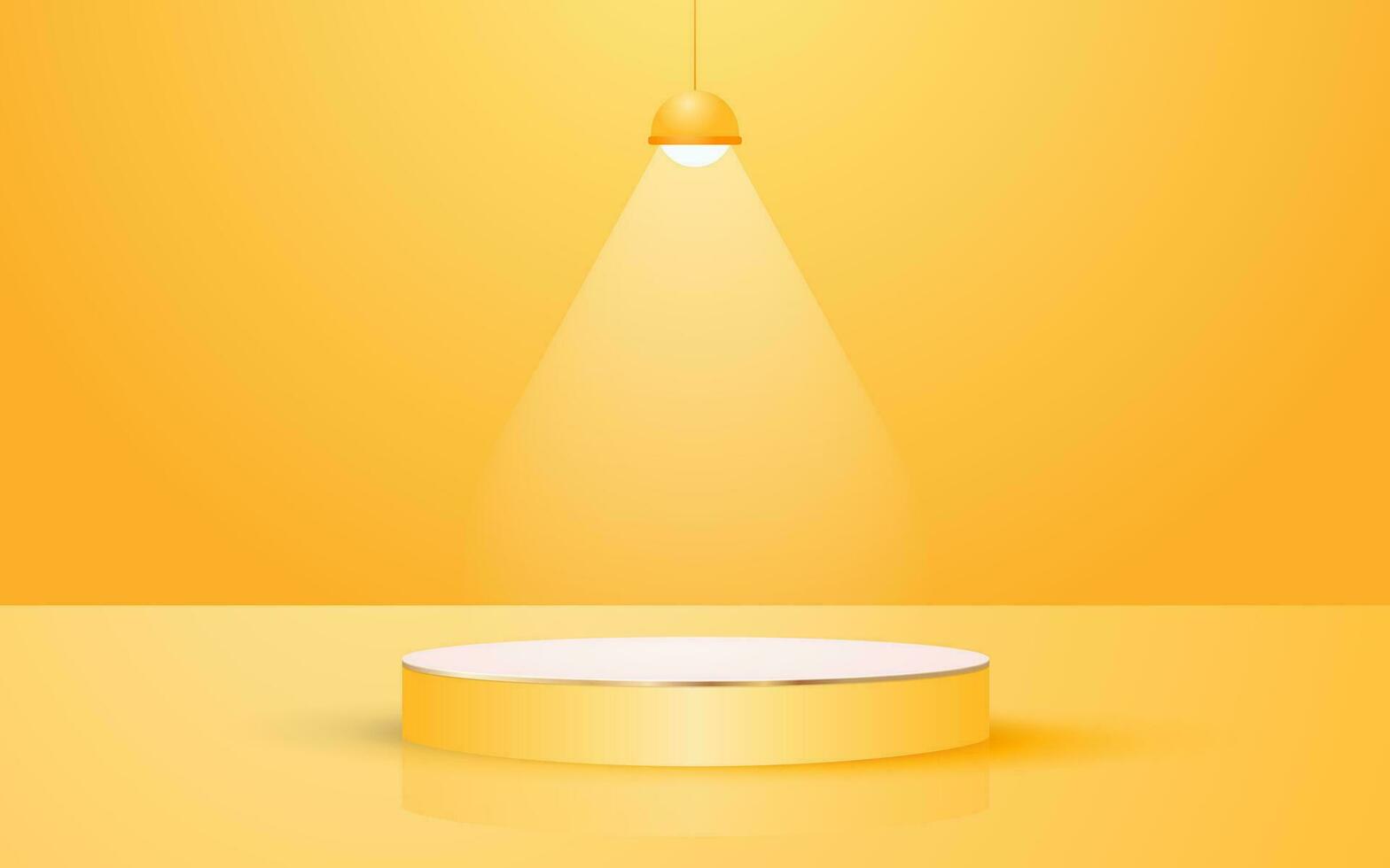 3d scene pastel yellow round podium background with hanging neon lights perfect for event promotion cosmetic product presentation mockup vector