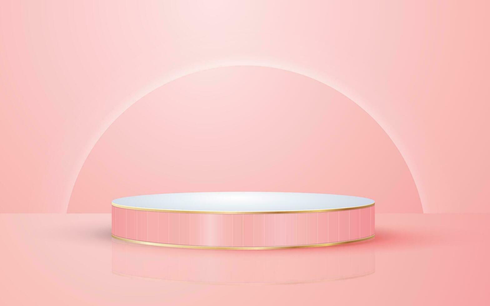 Pastel pink round podium gold luxury ring 3d scene with shining semicircle background perfect for event promotion cosmetic product presentation mockup vector