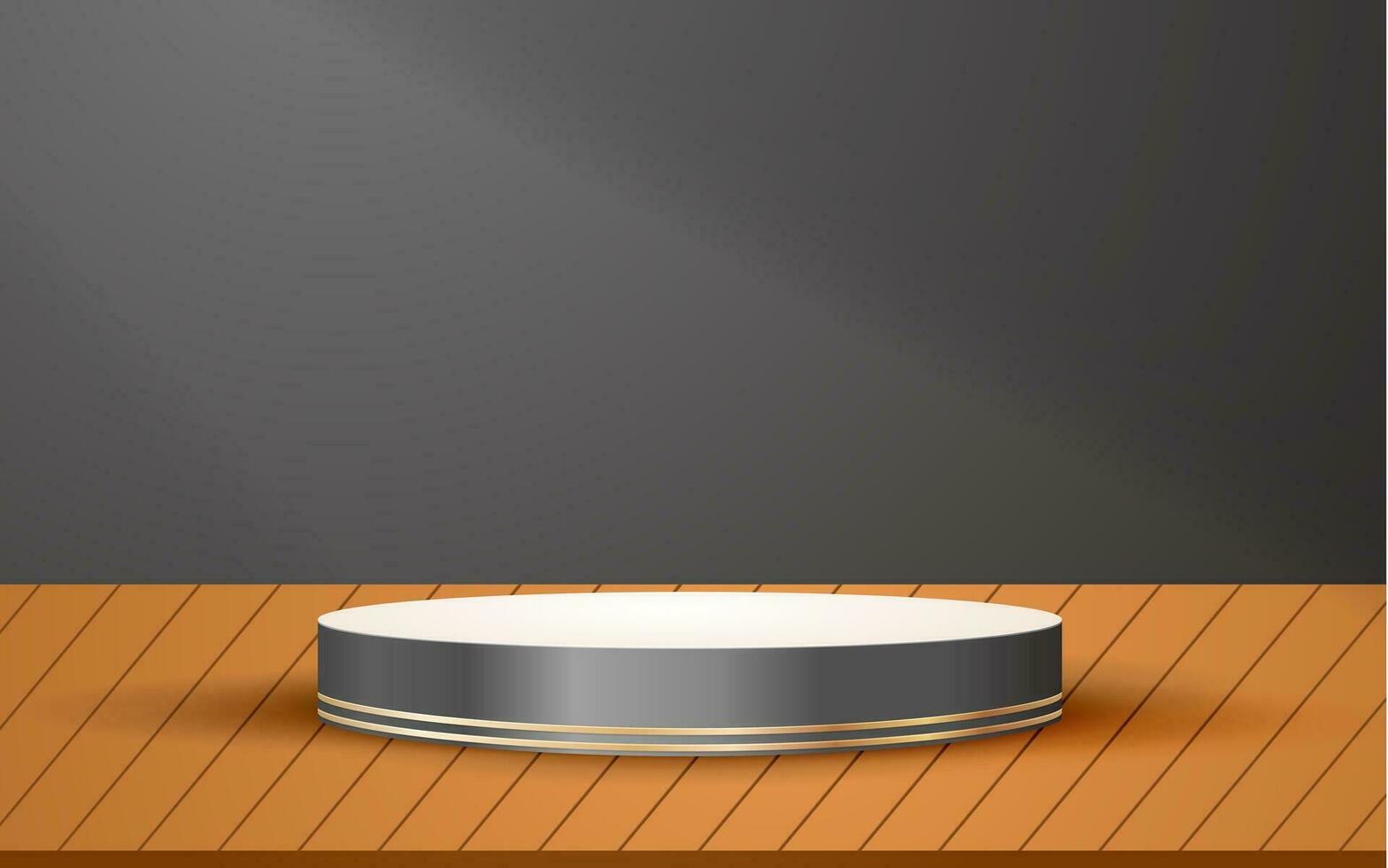 3d scene dark round podium with wooden floor background for cosmetic product presentation mockup show vector