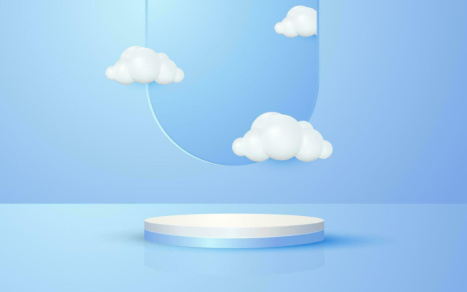 Round podium product scene and window sky cloud with pastel blue background for cosmetic product presentation mockup show vector