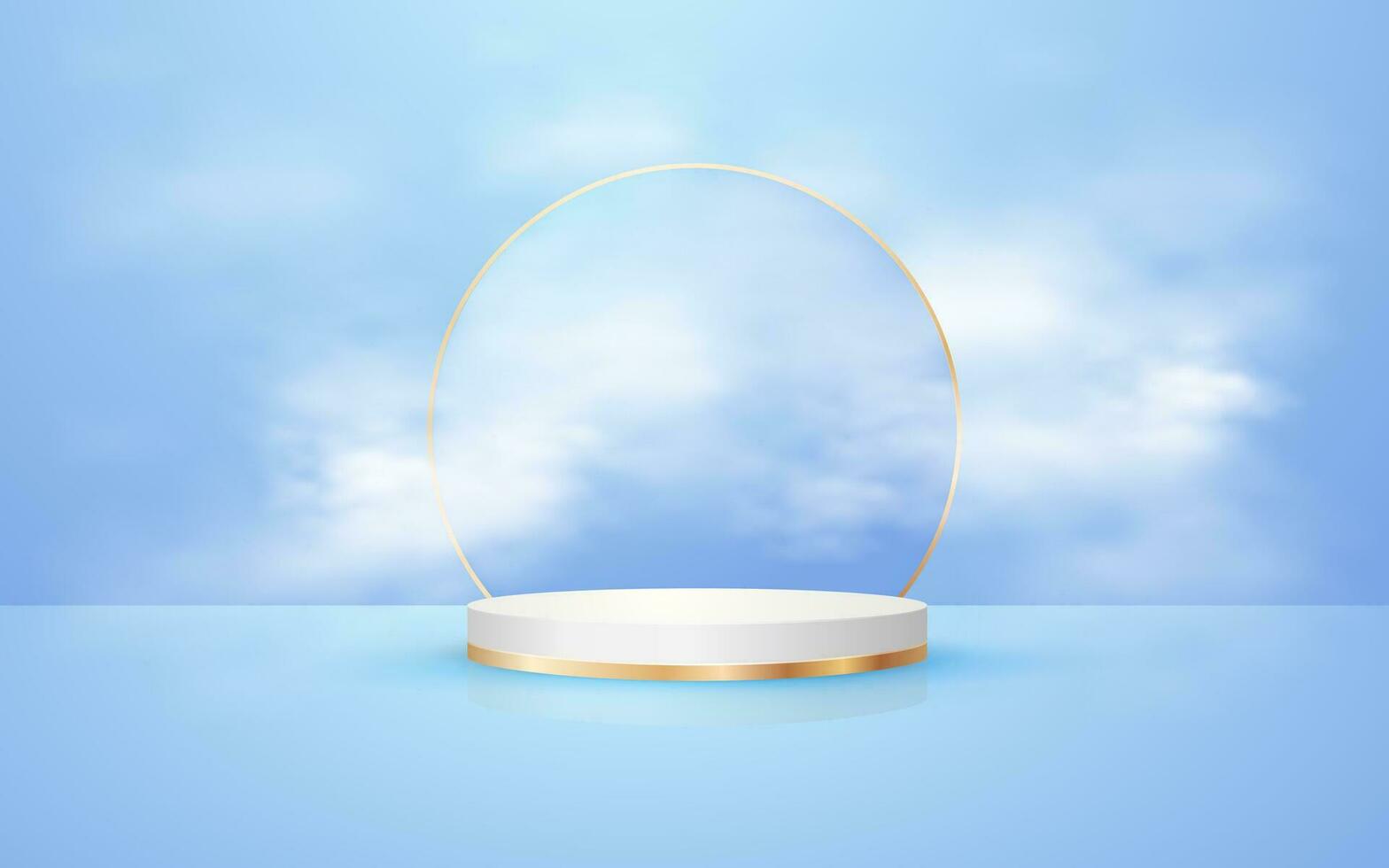 3d scene round podium pastel blue background with gold circle and realistic clouds for event promotion cosmetic product presentation mockup vector