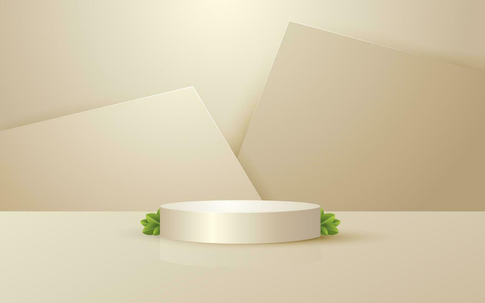3d scene round podium soft cream background with geometric platform and leaves for event promotion cosmetic product presentation mockup vector