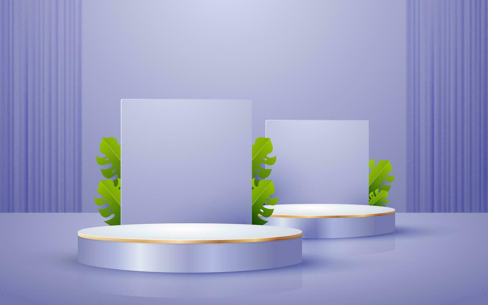 3d scene round podium pastel purple curtain background with green leaves for cosmetic product presentation mockup show vector