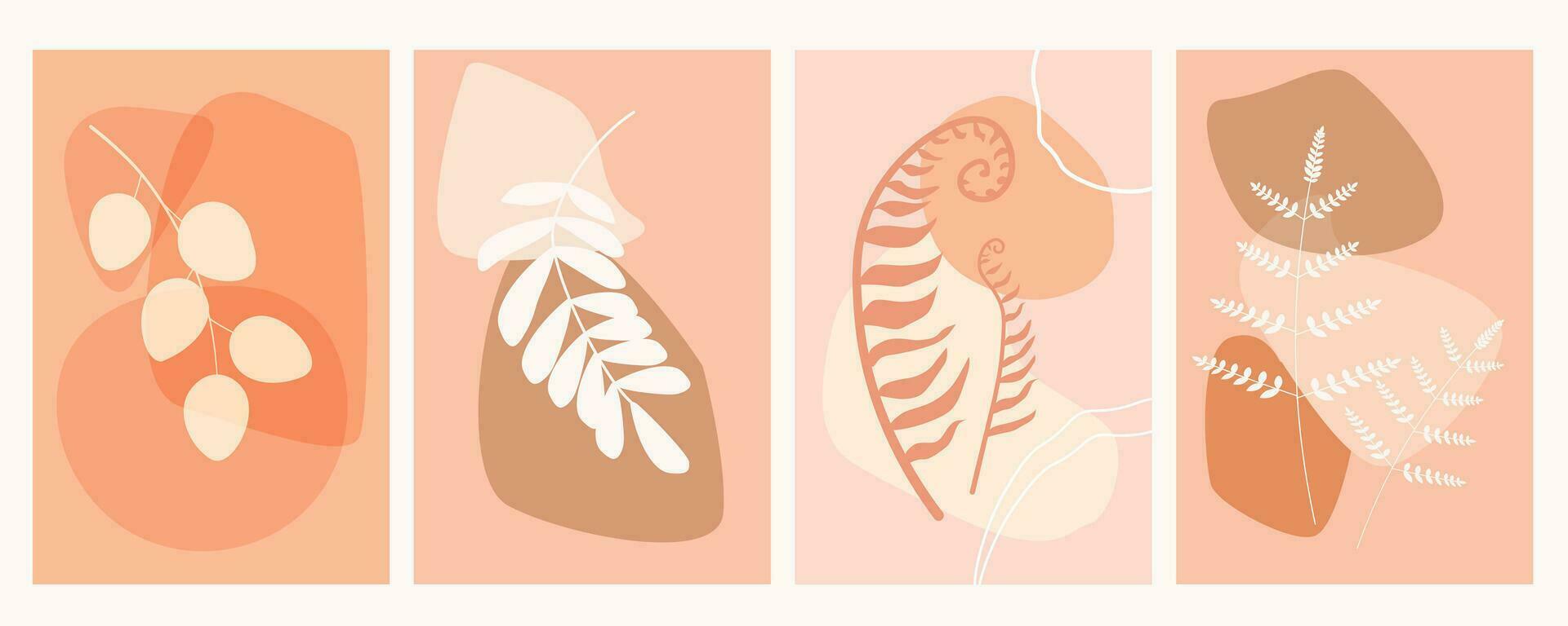 A set of abstract posters with tropical leaves, ferns, branches on a background of simple shapes in trendy peach colors. Vector graphics.