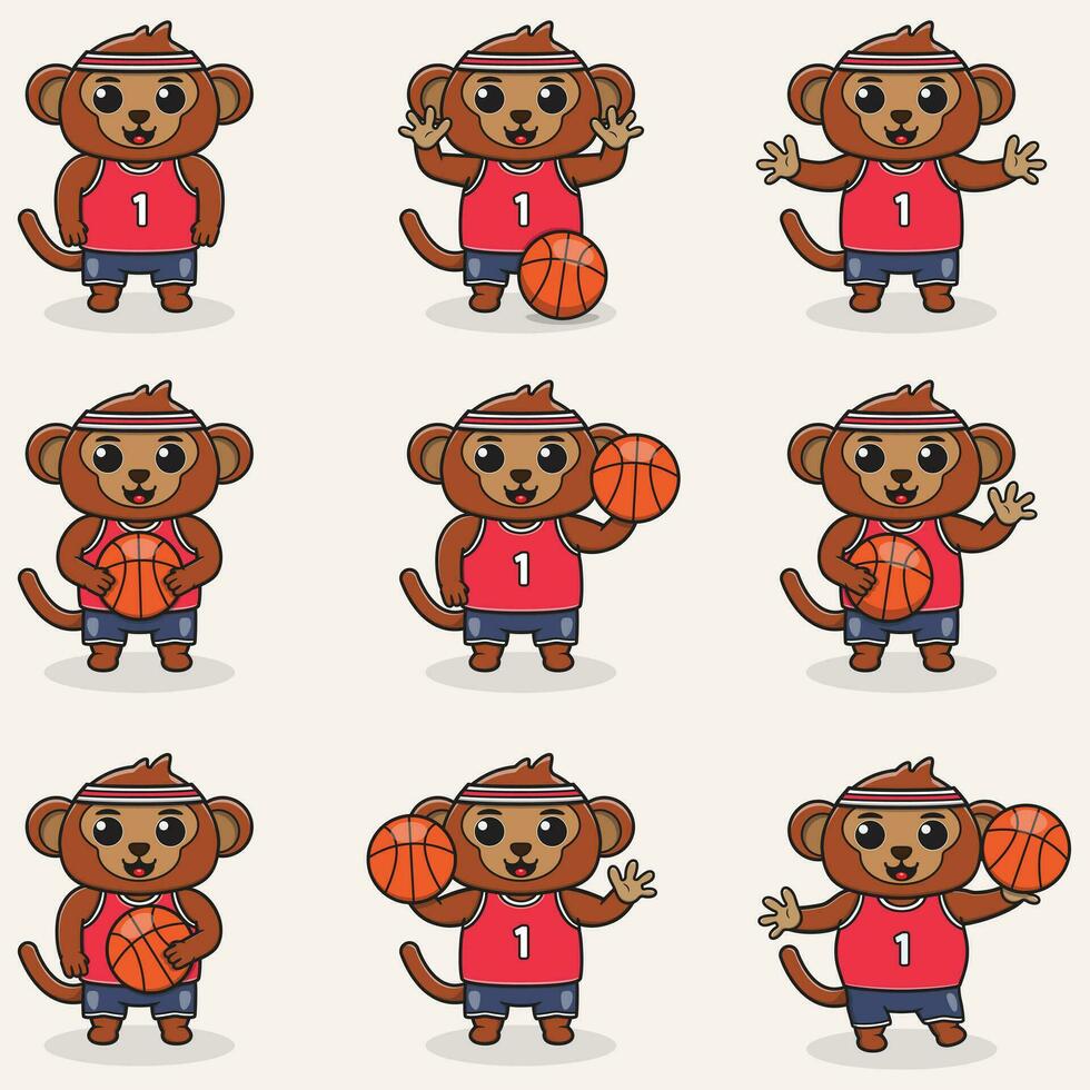 Funny Monkey Basketball cartoon set. Monkey Basketball set. Cute cartoon character vector set isolated on a white background. Cartoon animal sport. Animal cartoon.