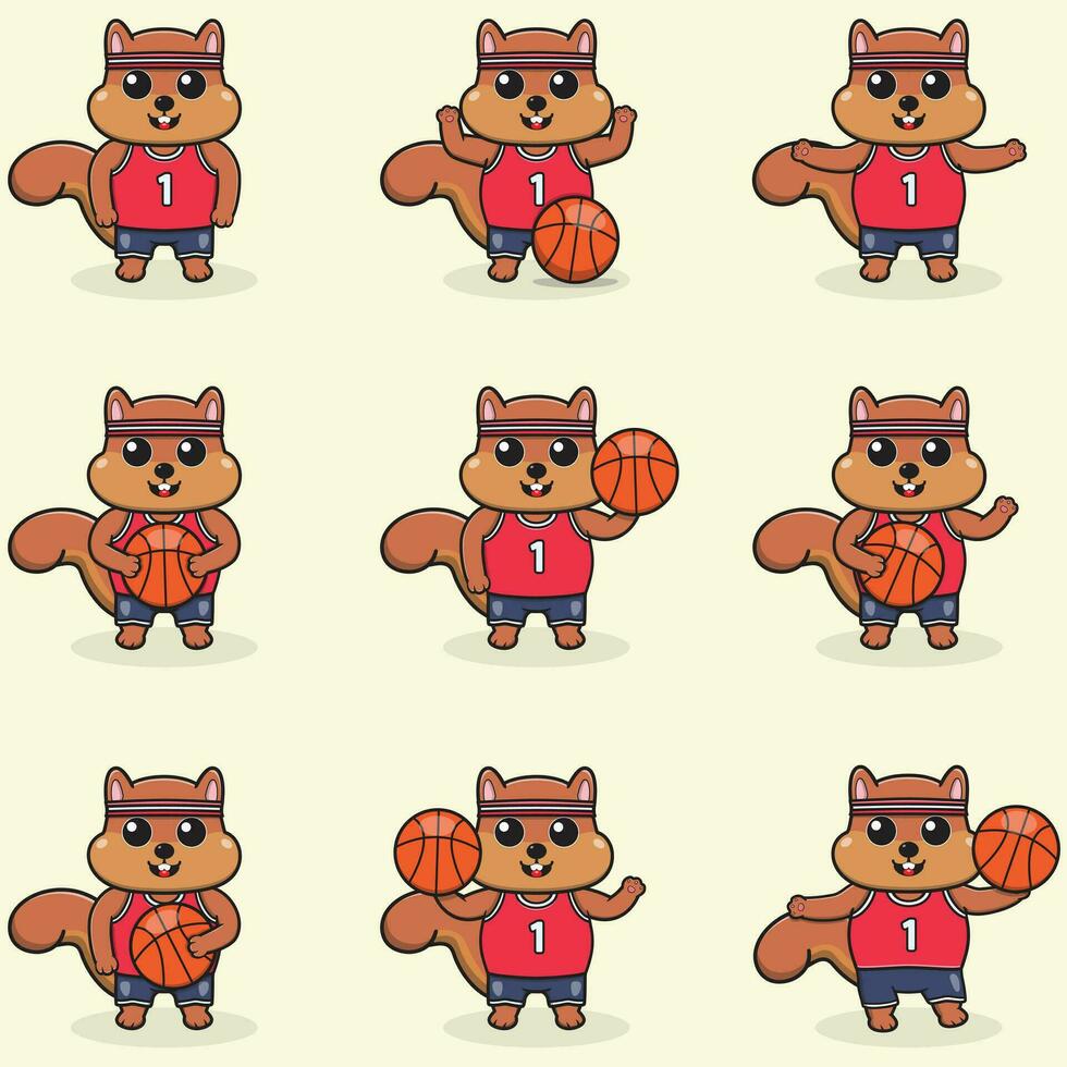 Funny Squirrel Basketball cartoon set. Squirrel Basketball set. Cute cartoon character vector set isolated on a white background. Cartoon animal sport. Animal cartoon.