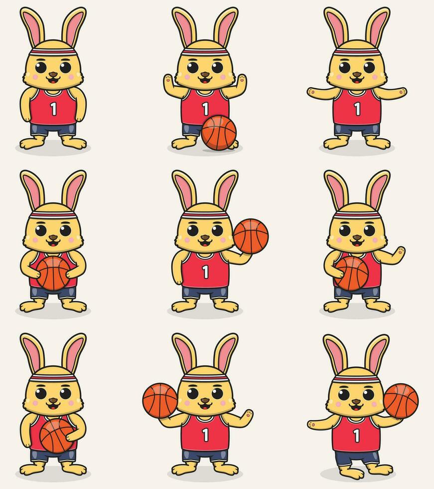 Funny Rabbit Basketball cartoon set. Rabbit Basketball set. Cute ...