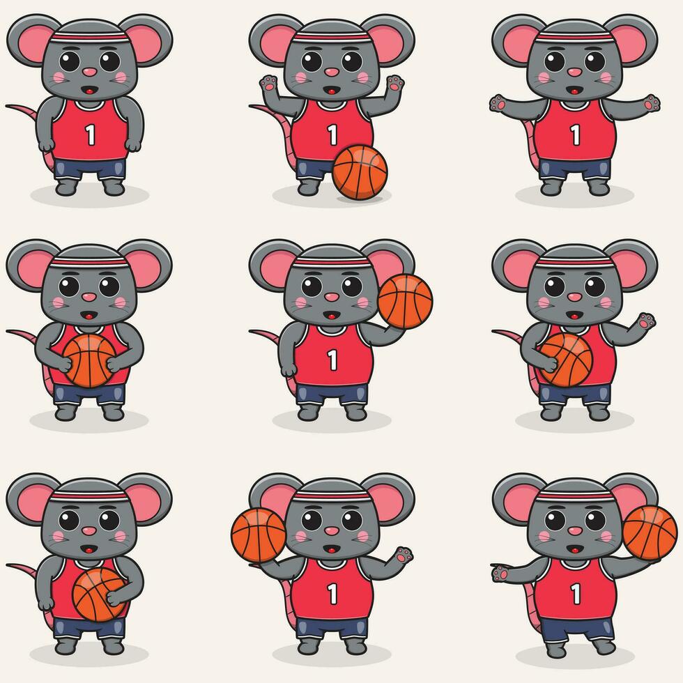 Funny Mouse Basketball cartoon set. Mouse Basketball set. Cute cartoon character vector set isolated on a white background. Cartoon animal sport. Animal cartoon.