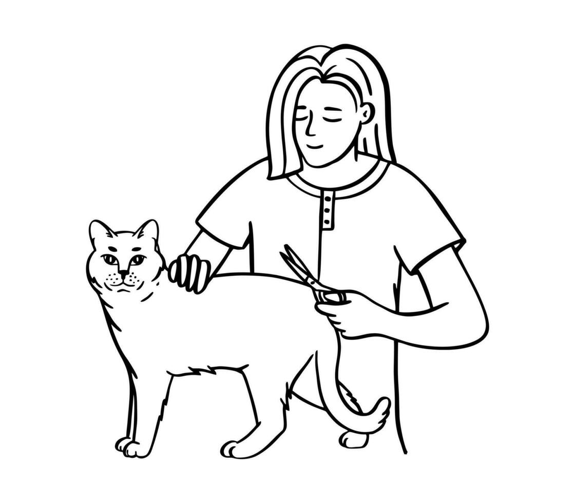 Pet grooming cat. Salon for animals. Doodle style animal and character hand drawn. Vector illustration.