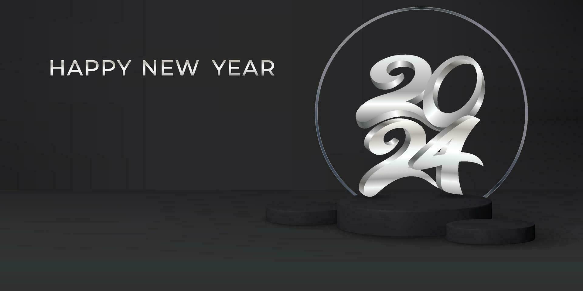 3d 2024 contento nuevo año texto efecto diseño en negro 3d podio antecedentes vector