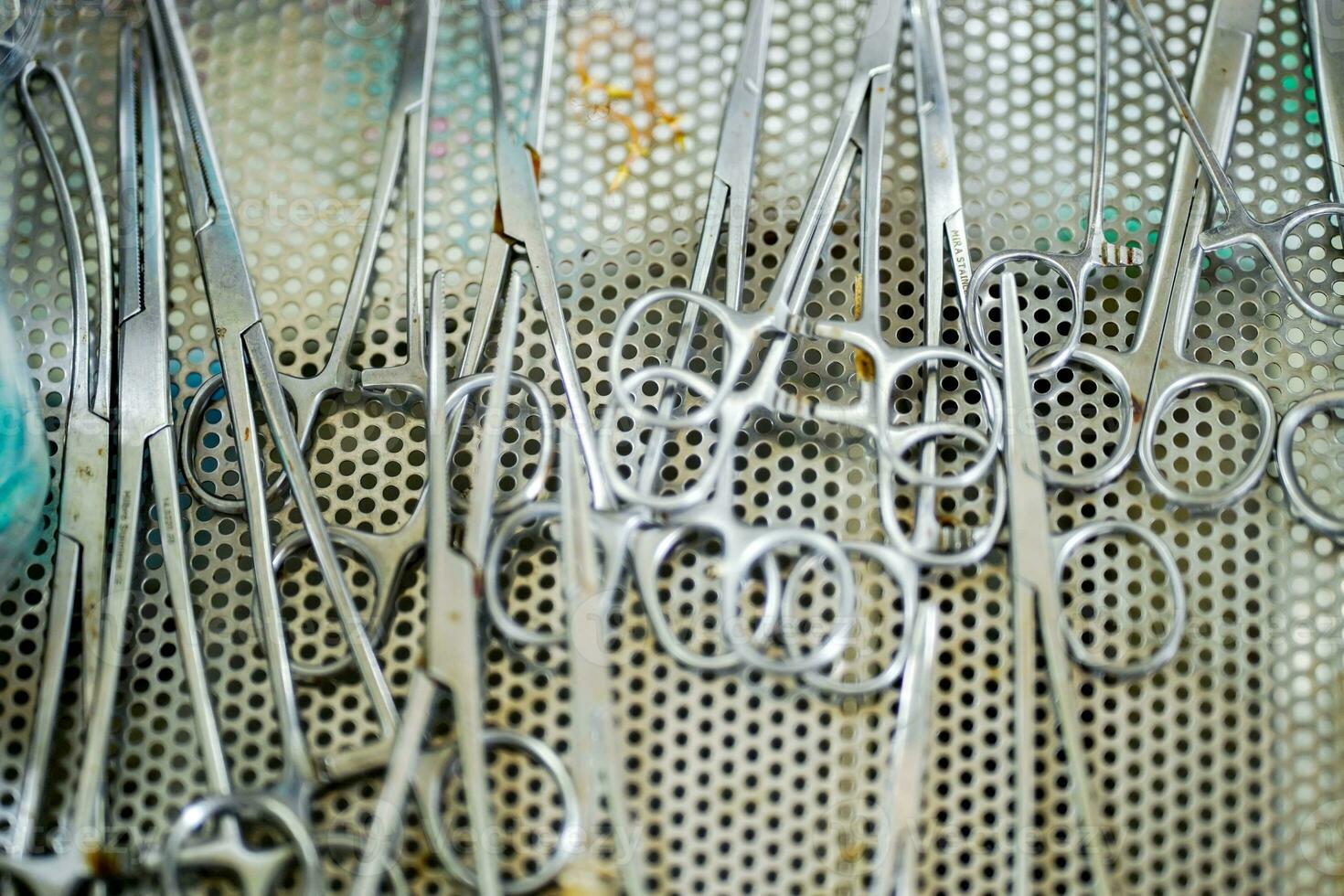 Closeup medical tools and scissors for dressing wounds of veterinary in clinic photo