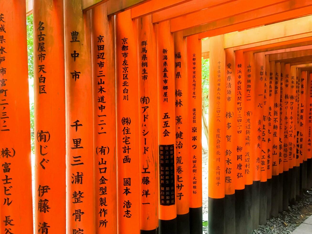 KYOTO City, JAPAN, 2015 - Red wooden poles of Torii gates at Fushimi Inari Shrine in Kyoto, Japan. This is Shinto shrine of Inari god and one of the most popular tourist destinations in Japan. photo