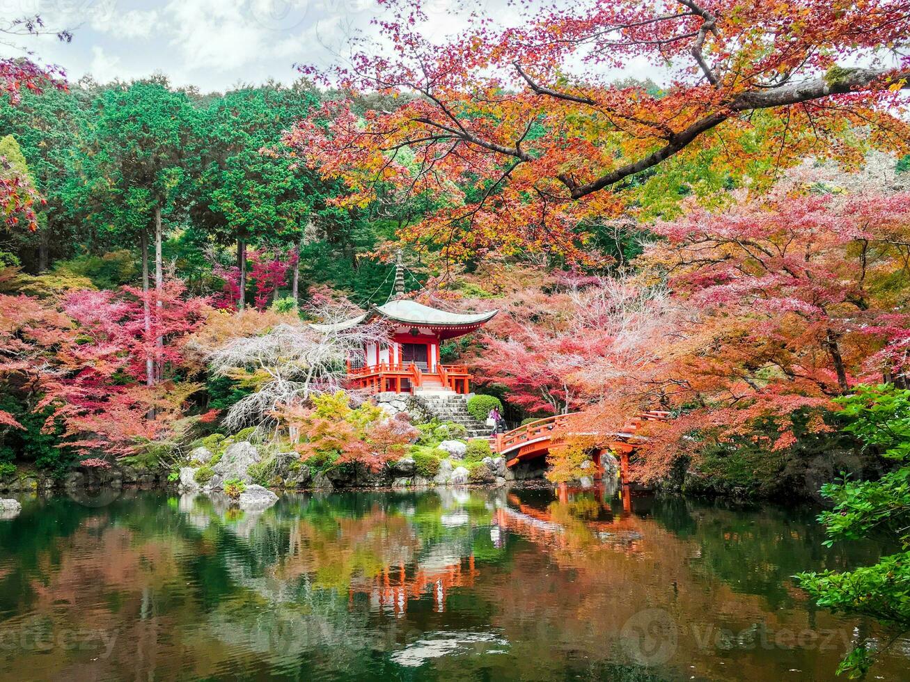 hermosa y multi colores de arce arboles a daigoji templo con estanque en ensenada azul cielo antecedentes. daigoji templo es el uno importante japonés templo de el shingon secta de japonés budismo. foto