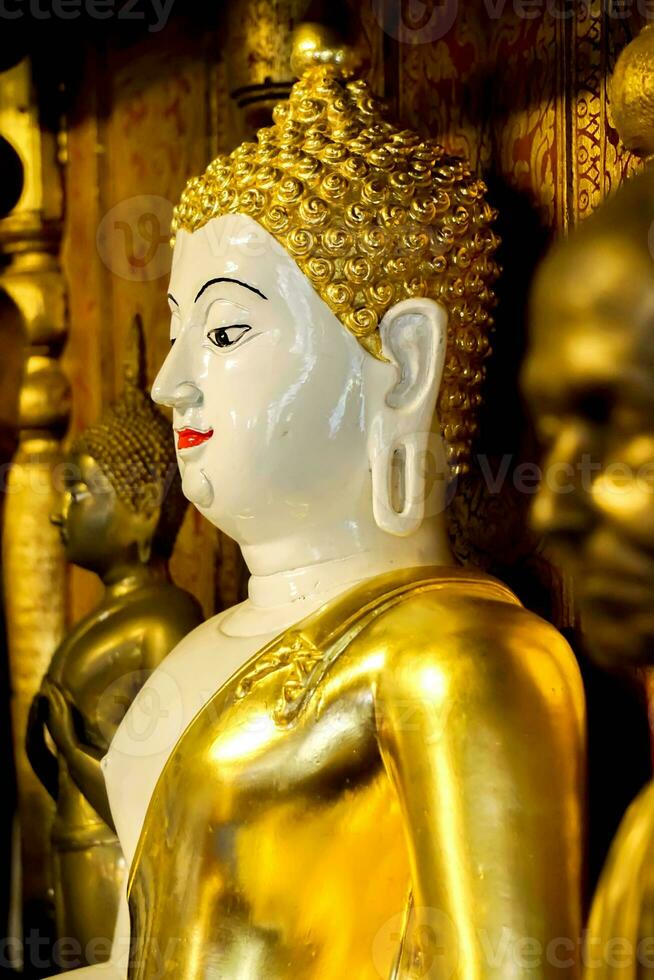 de cerca y lado ver antiguo dorado Buda estatua de birmano Arte en santuario a wat phra ese hariphunchai Lumphun tialandia. foto