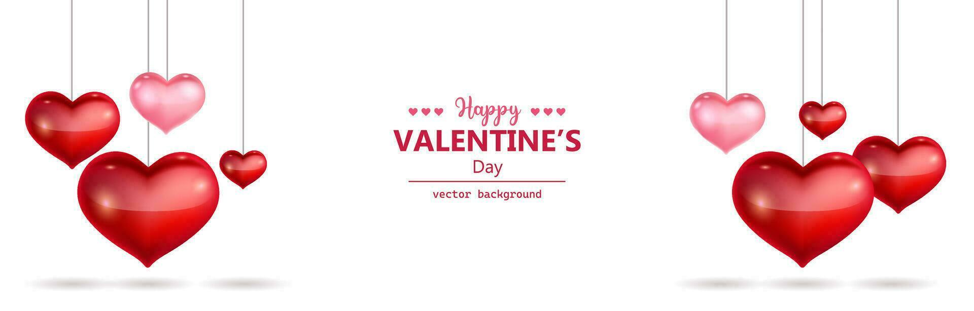 Happy valentine's day horizontal banner with hanging heart shapes vector