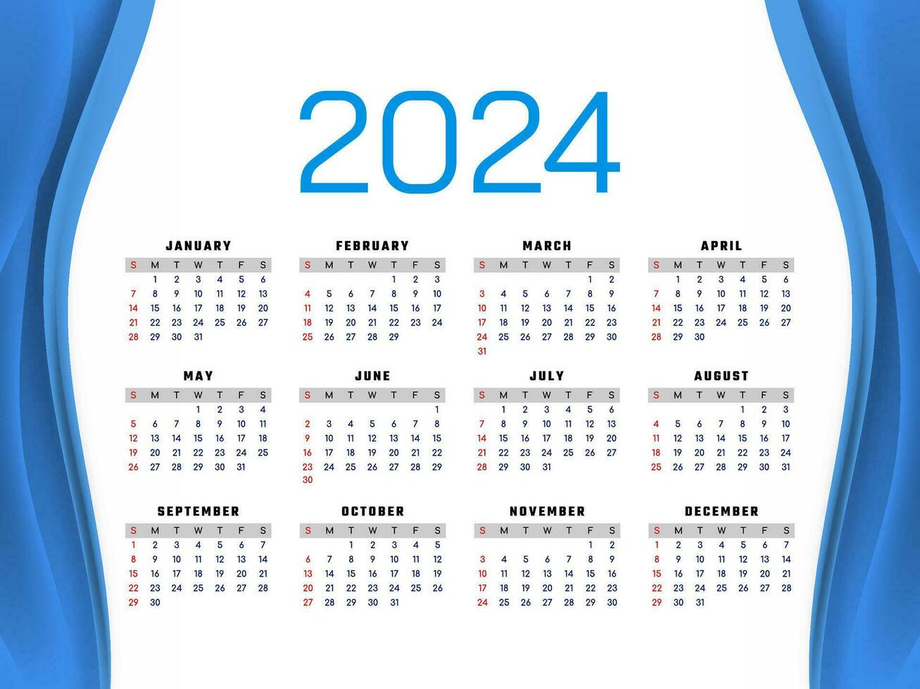 2024 nuevo año moderno azul ondulado calendario diseño vector