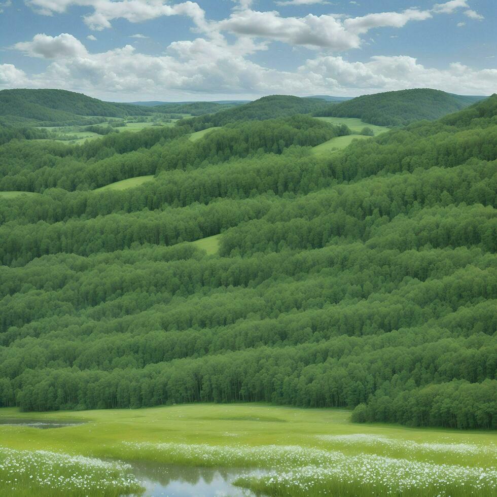 AI generated Beautiful a green forest landscape and a blue sky. photo