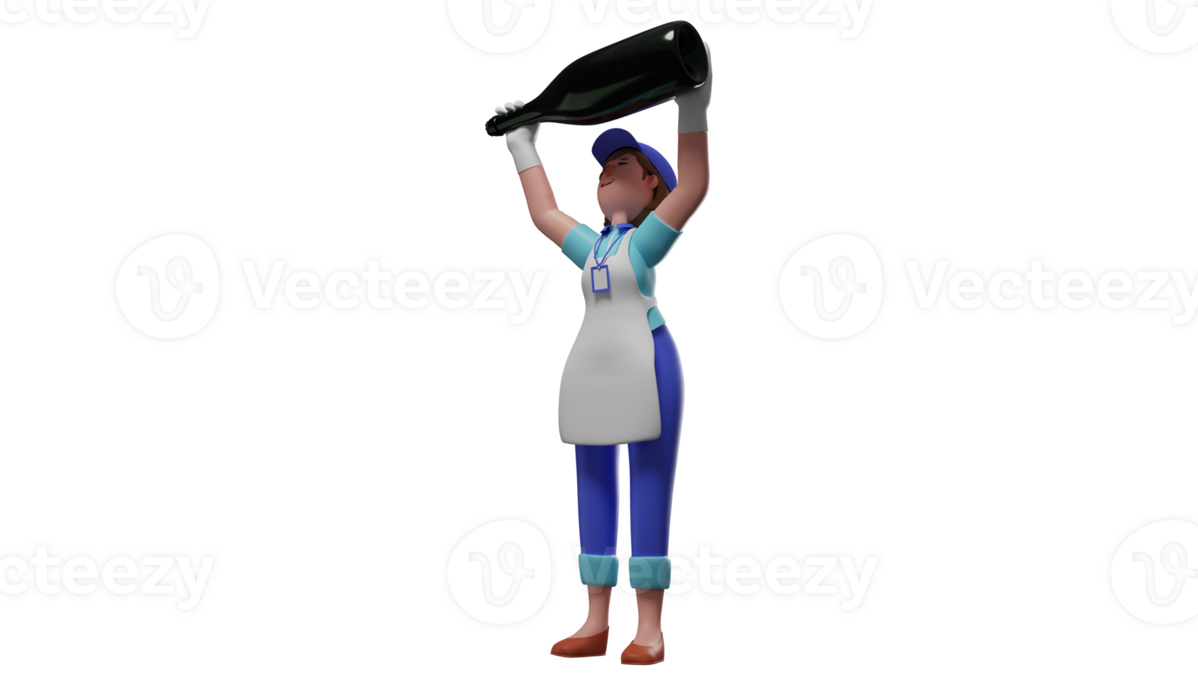 3D illustration. Waiter 3D cartoon character. The barmaid holding up the black bottle. The waiter performs the attraction and will pour drinks in bottles to the guests. 3D cartoon character png