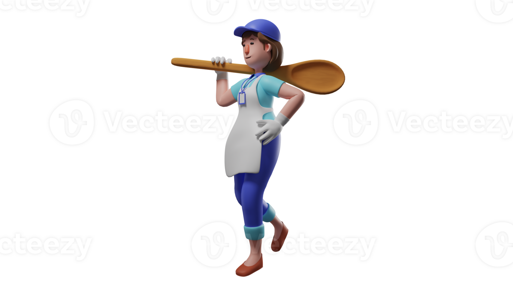 3D illustration. Great Waiter 3D cartoon character. The waiter carried a giant wooden spoon on his shoulder. Restaurant waiters work enthusiastically and happily. 3D cartoon character png