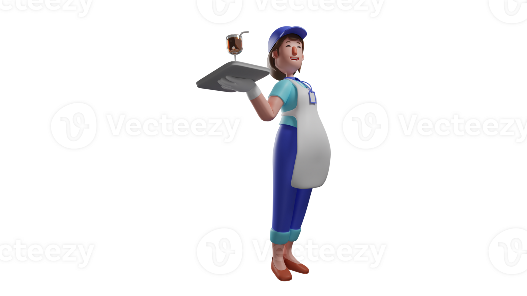 3D illustration. Part Time Waiter 3D cartoon character. Waiter at a coffee shop. Beautiful waitress brings a glass of drink on a tray. Cute waiter carries tray with one hand. 3D cartoon character png